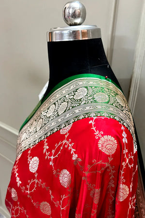 Red and Green Ropeway Jaal Katan Silk Banarasi Saree
