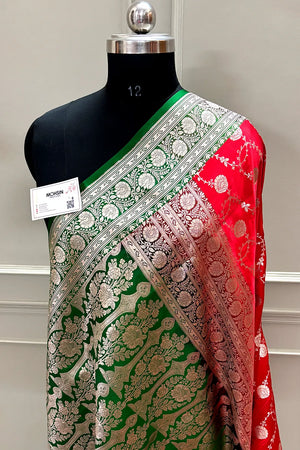 Red and Green Ropeway Jaal Katan Silk Banarasi Saree