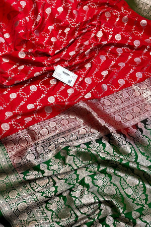 Red and Green Ropeway Jaal Katan Silk Banarasi Saree