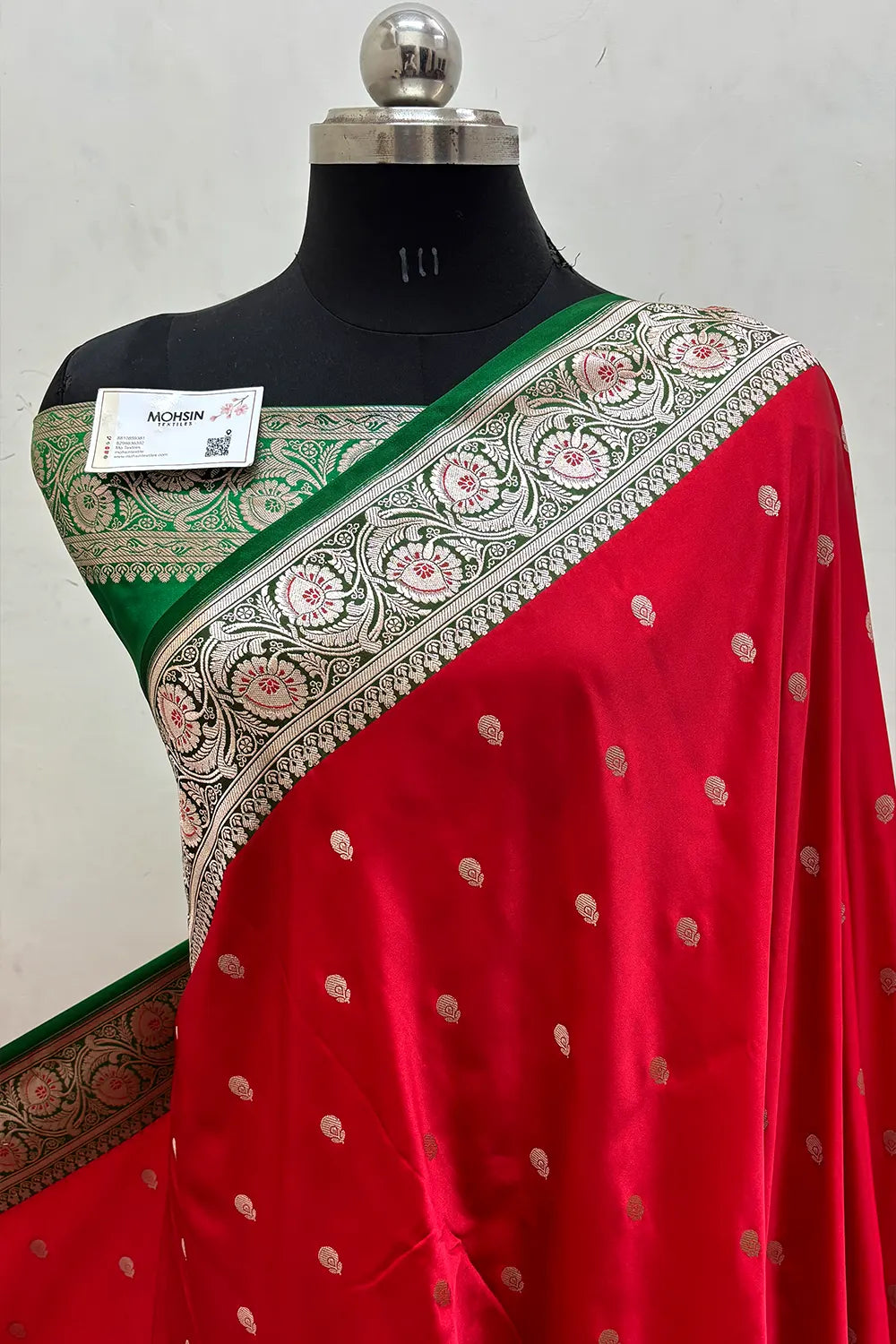 Red and Green Zari Katan Mashru Silk Banarasi Saree