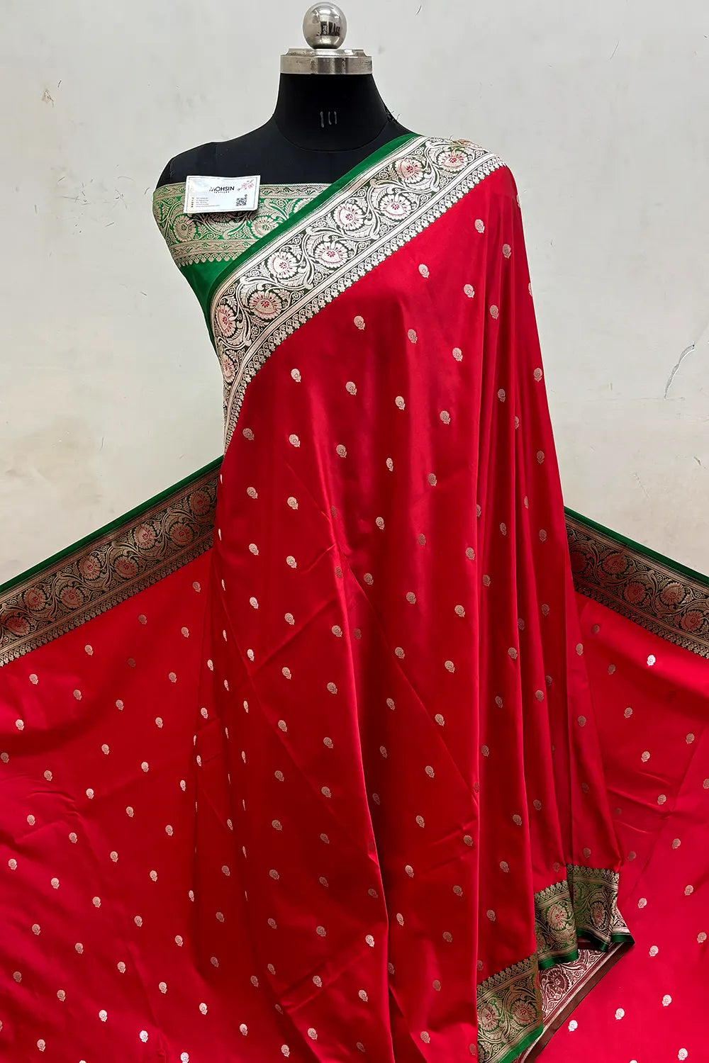 Red and Green Zari Katan Mashru Silk Banarasi Saree