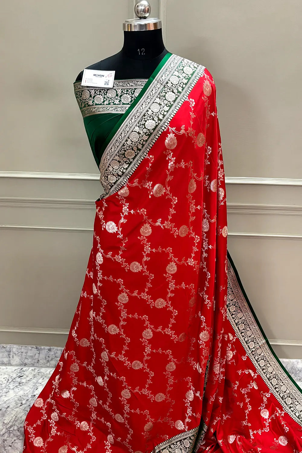 Red and Green Zari Katan Silk Banarasi Saree