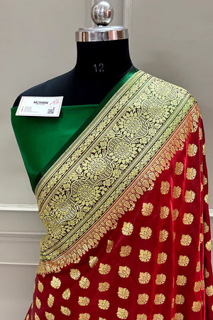 Red and Green Zari Satin Silk Banarasi Saree