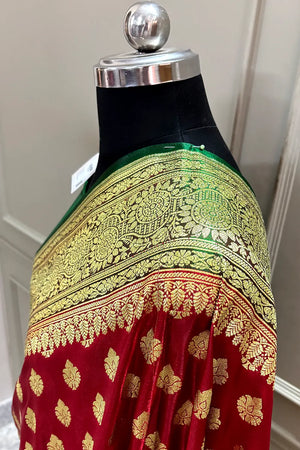 Red and Green Zari Satin Silk Banarasi Saree