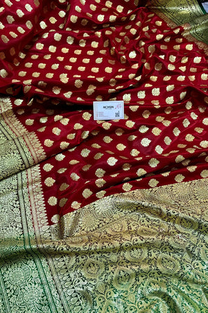 Red and Green Zari Satin Silk Banarasi Saree