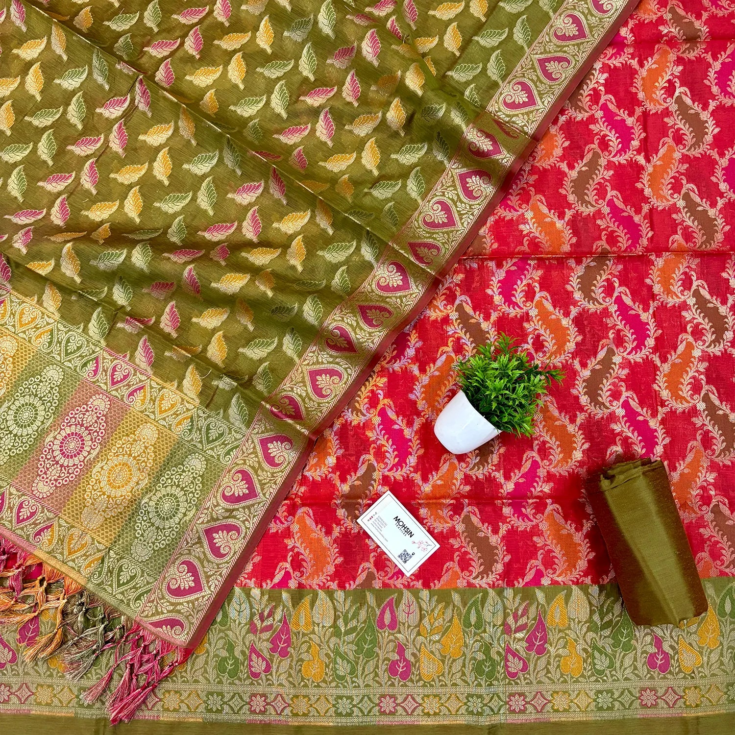 Red and Mehendi Resham Banarasi Silk Suit