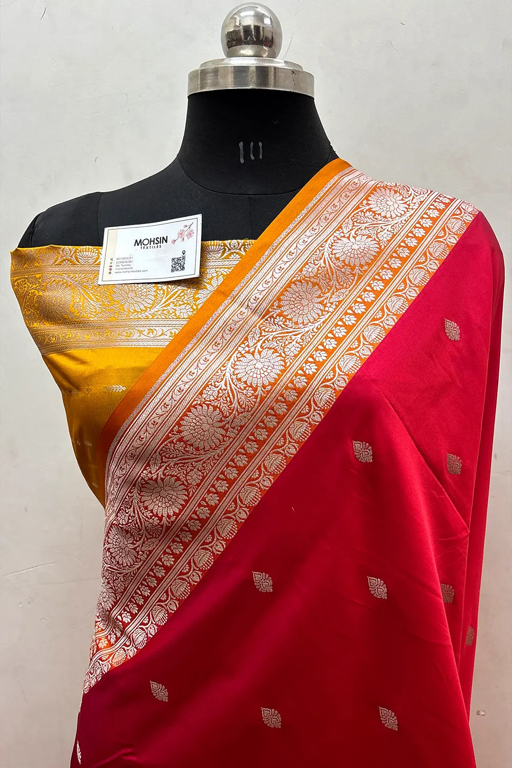 Pinkish Red and Mustard Zari Katan Mashru Silk Banarasi Saree