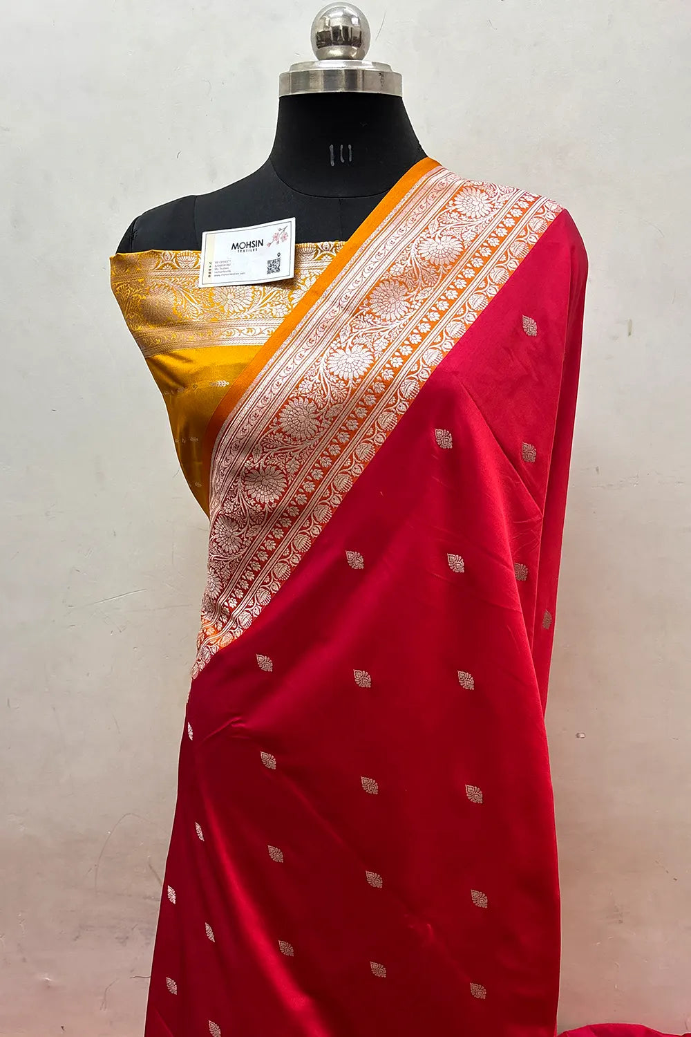 Pinkish Red and Mustard Zari Katan Mashru Silk Banarasi Saree