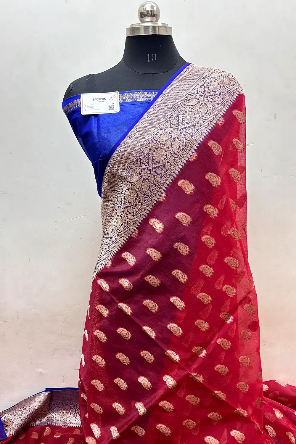 Red and Royal Blue Organza Silk Banarasi Saree