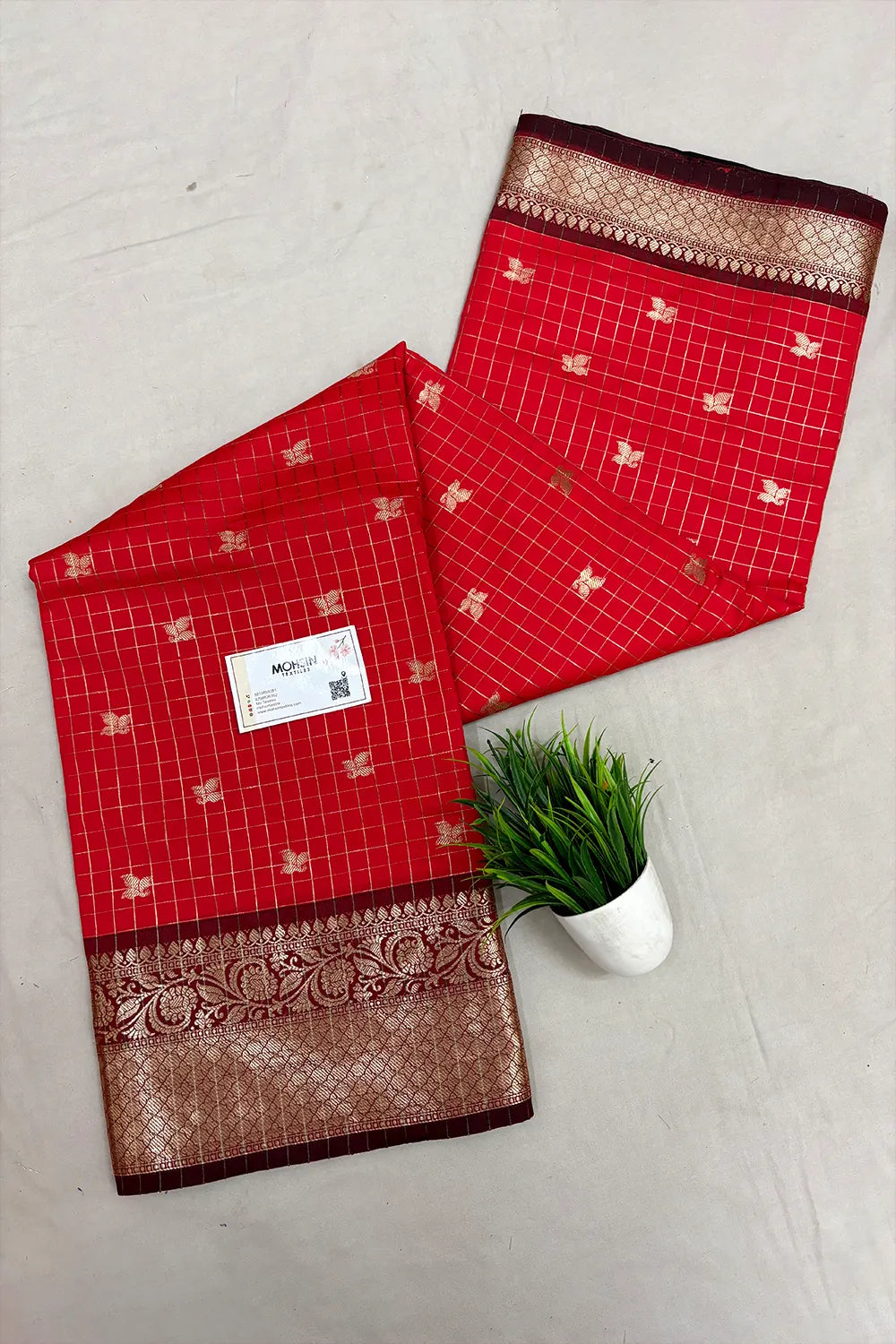 Red and Wine Zari Semi Katan Silk Banarasi Saree