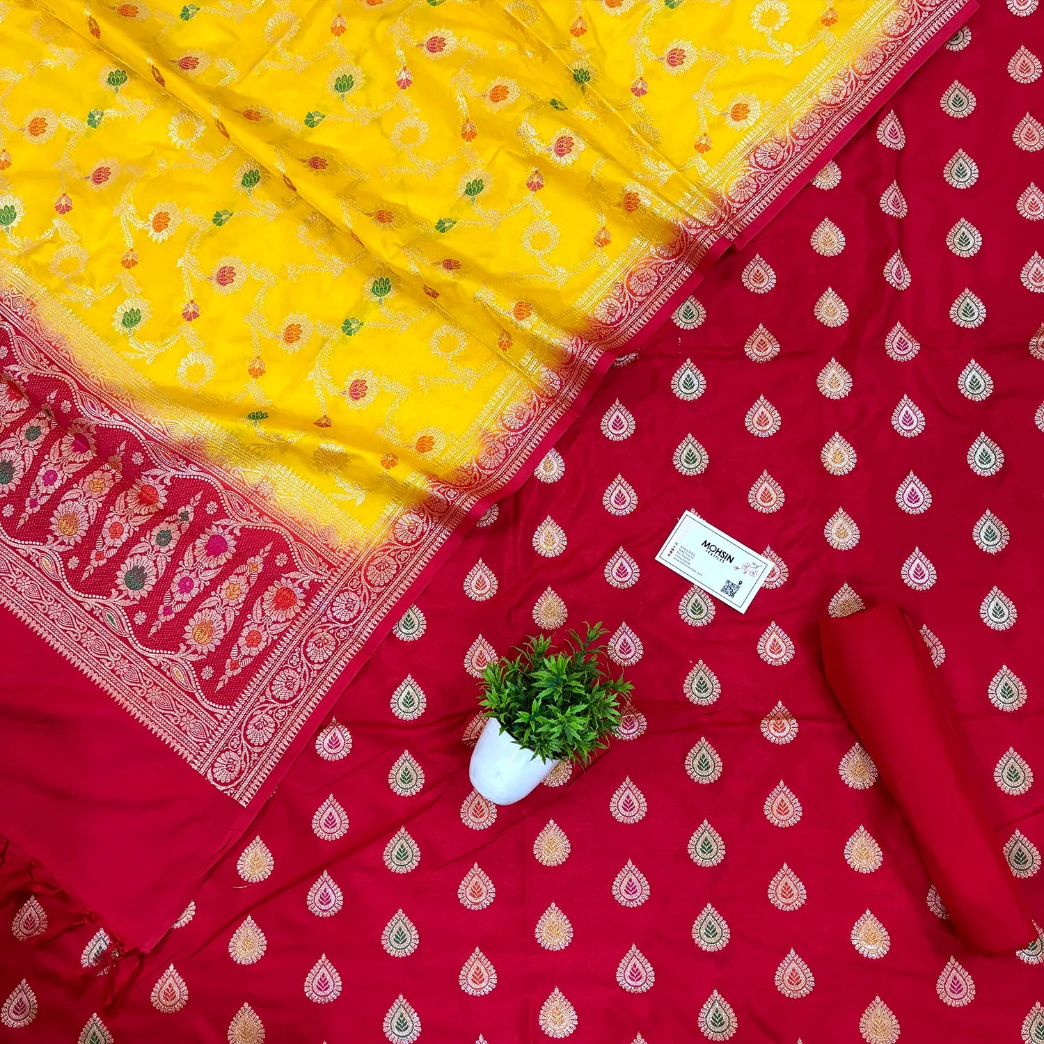 Red and Yellow Zari Katan Silk Banarasi Suit
