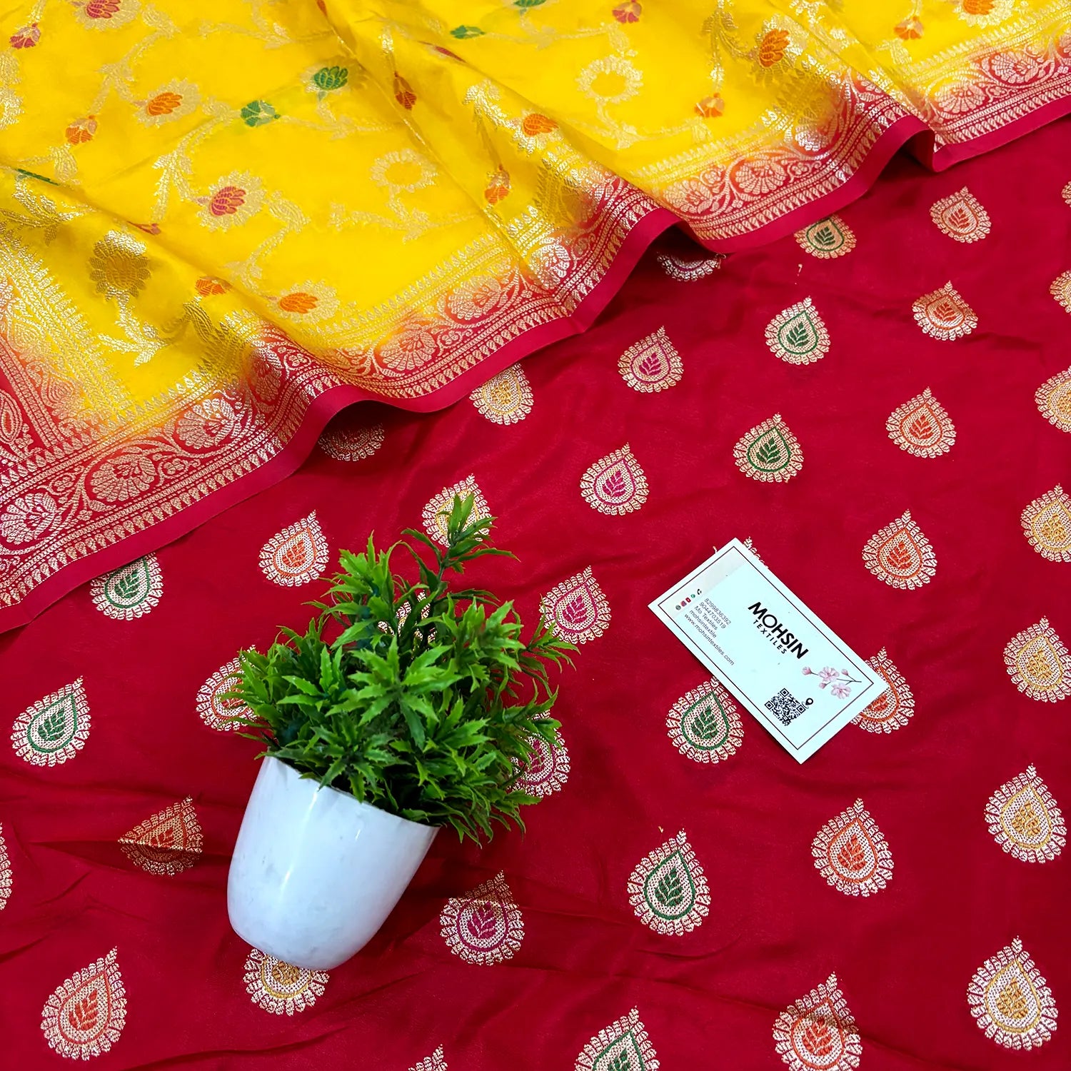 Red and Yellow Zari Katan Silk Banarasi Suit