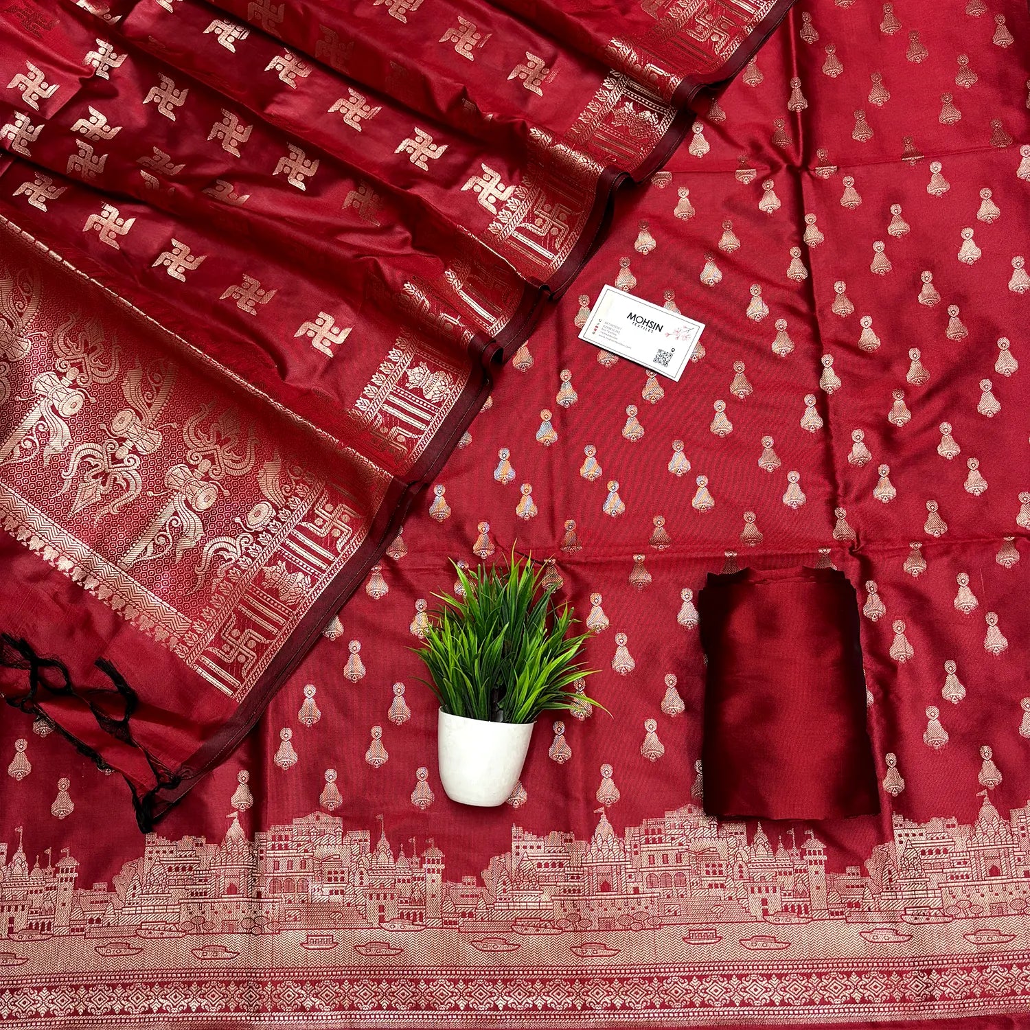 Red Assi Ghat Aarti Semi Katan Silk Banarasi Suit