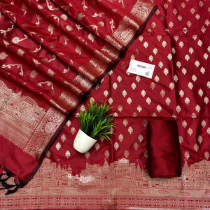 Red Assi Ghat Mandir Semi Katan Silk Banarasi Suit