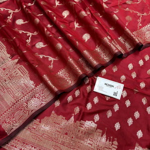 Red Assi Ghat Mandir Semi Katan Silk Banarasi Suit