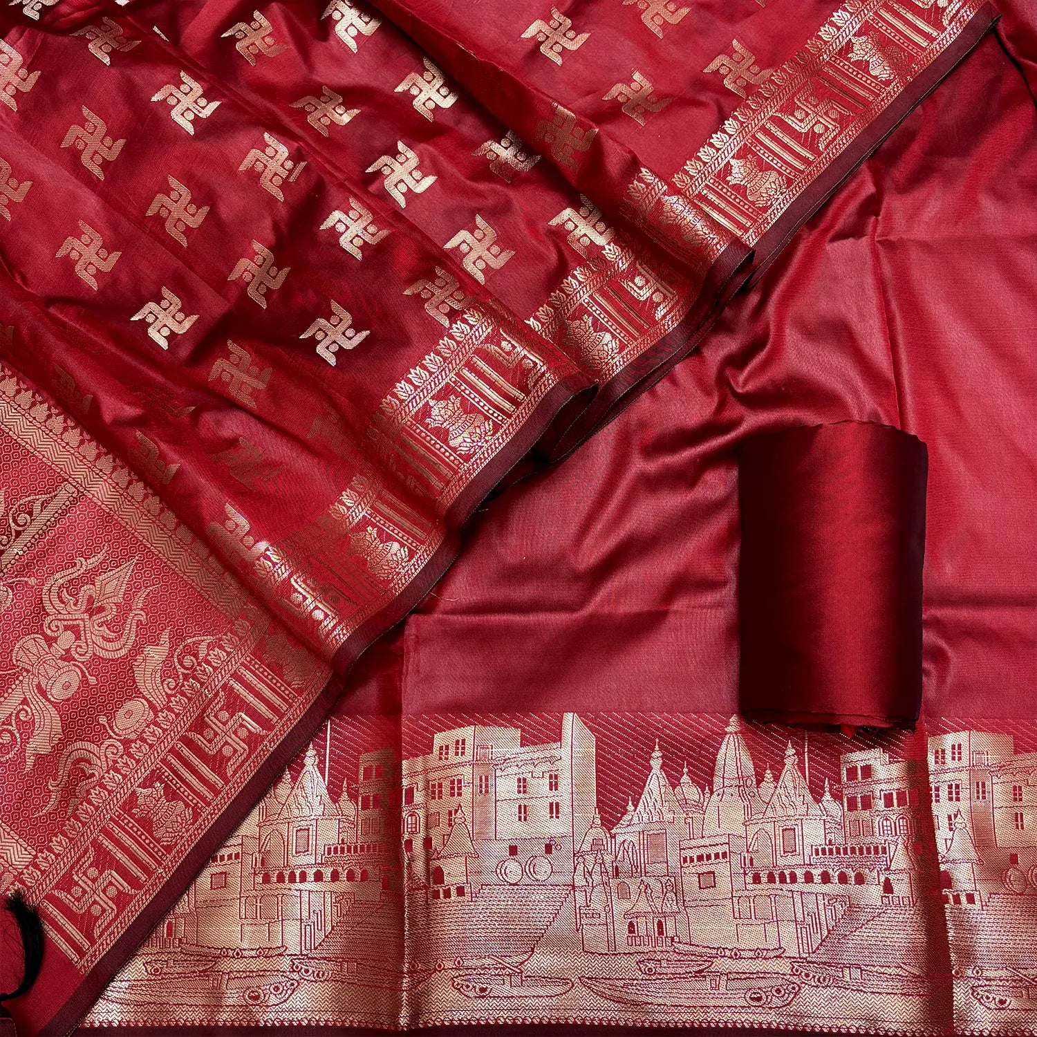 Red Assi Ghat Plain Semi Katan Silk Banarasi Suit