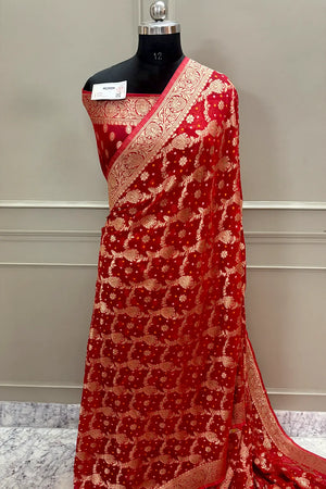 Red Bandehj Georgette Silk Banarasi Saree