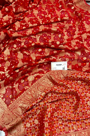 Red Bandehj Georgette Silk Banarasi Saree