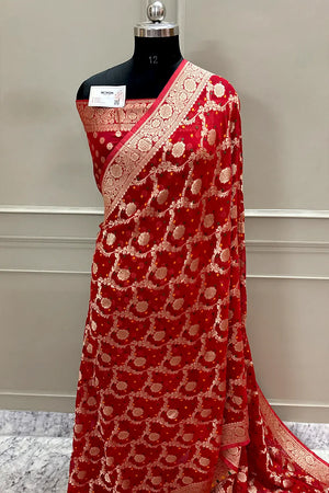Red Bandhej Georgette Silk Banarasi Saree