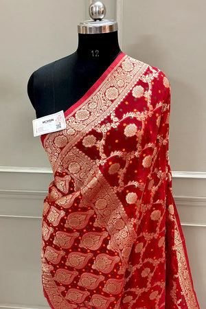 Red Bandhej Georgette Silk Banarasi Saree