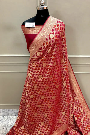 Red Bandhej Georgette Silk Banarasi Saree