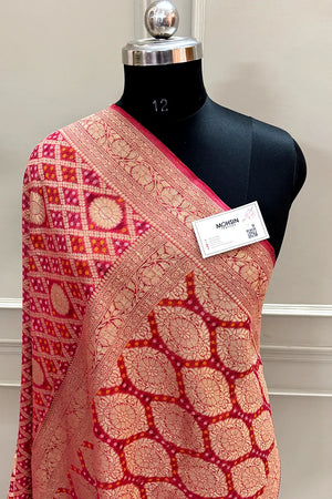 Red Bandhej Georgette Silk Banarasi Saree