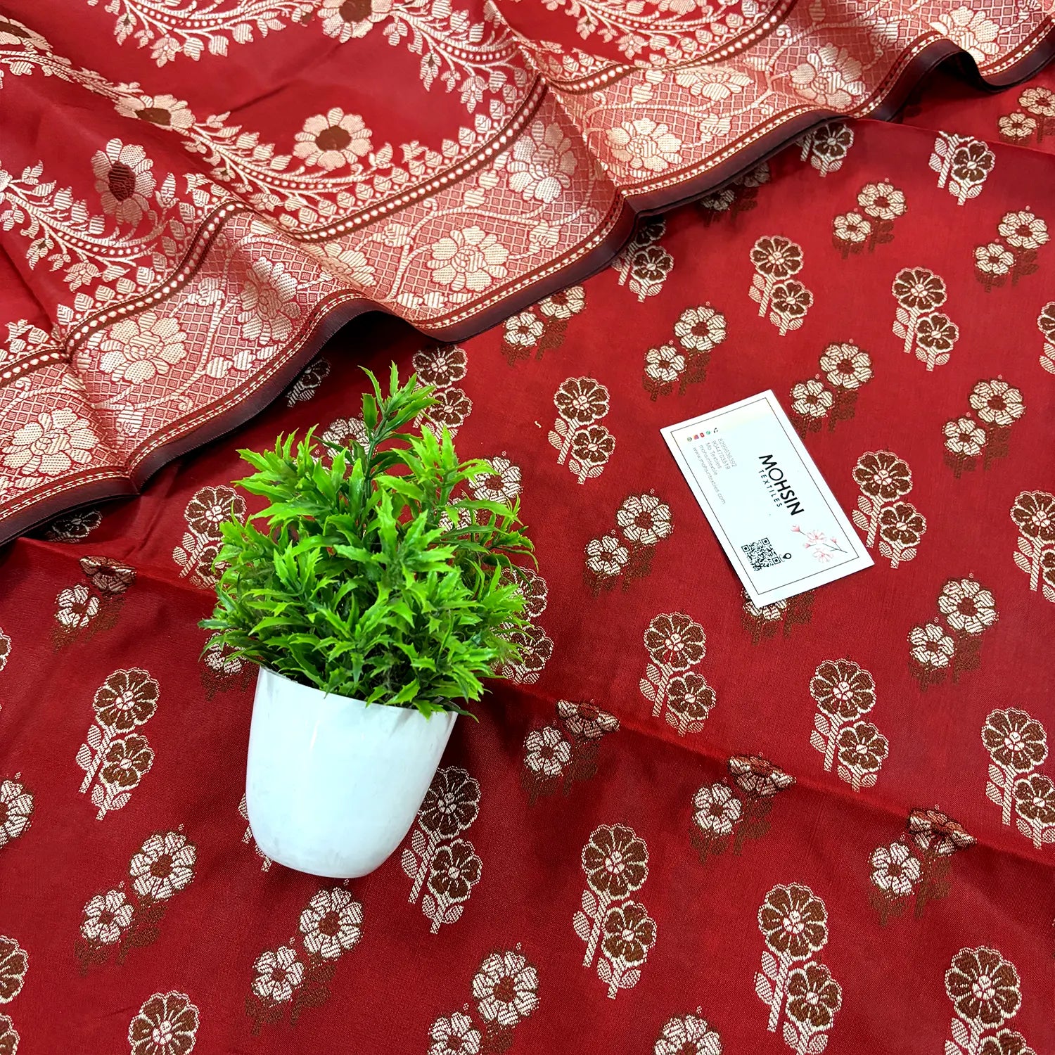 Red Fan Flower Banarasi Silk Suit