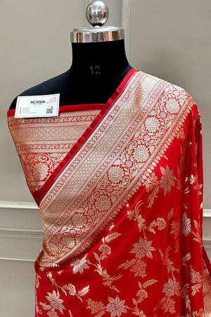 Red Jasmine Jaal Katan Silk Banarasi Saree