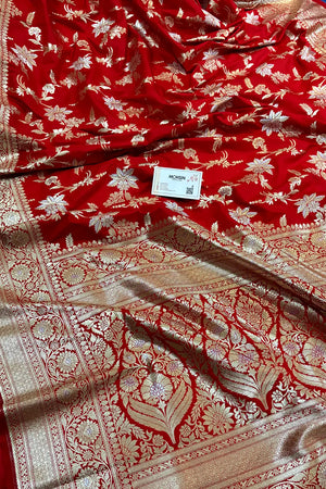 Red Jasmine Jaal Katan Silk Banarasi Saree