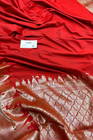 Red Kalyug Plain Satin Silk Banarasi Saree