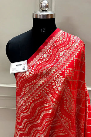 Red Pi Jaal Katan Silk Banarasi Saree