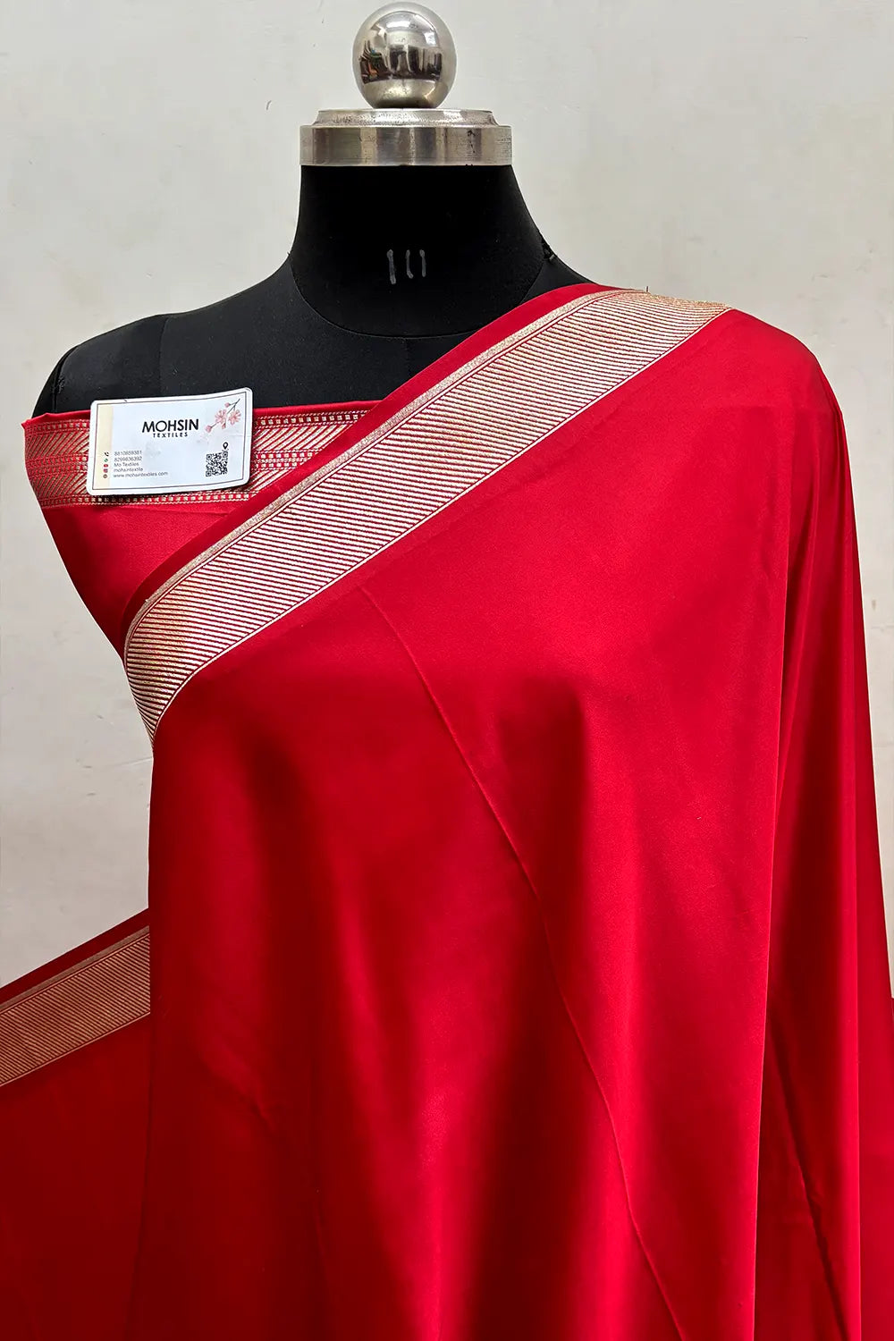 Red Plain Ghat Katan Satin Silk Banarasi Saree