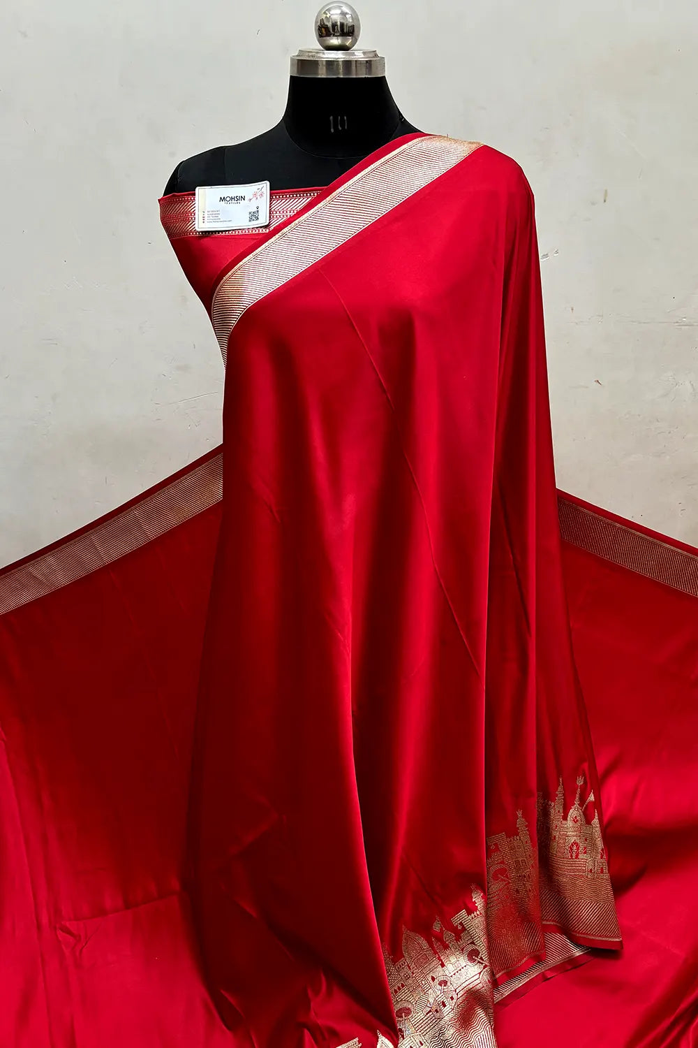 Red Plain Ghat Katan Satin Silk Banarasi Saree