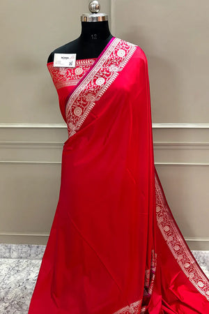 Red Plain Katan Silk Banarasi Saree