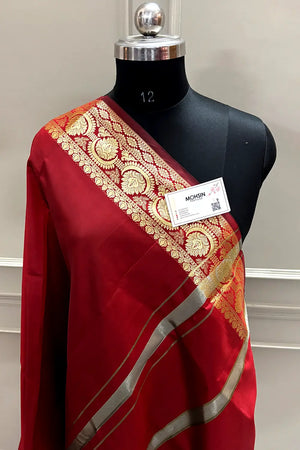 Red Plain Semi Katan Silk Banarasi Saree