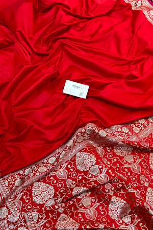 Red Plain Zari Border Katan Silk Banarasi Saree