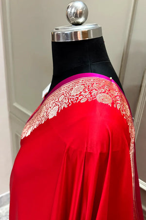 Red Plain Zari Border Katan Silk Banarasi Saree