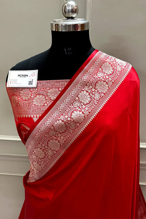 Red Plain Zari Katan Mashru Silk Banarasi Saree