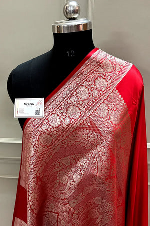 Red Plain Zari Katan Mashru Silk Banarasi Saree