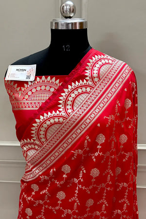 Red Quantum Jaal Katan Silk Banarasi Saree