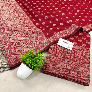 Red Resham Cotton Silk Banarasi Suit