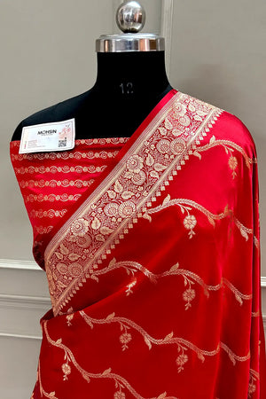 Red Rowa Laher Katan Silk Banarasi Saree