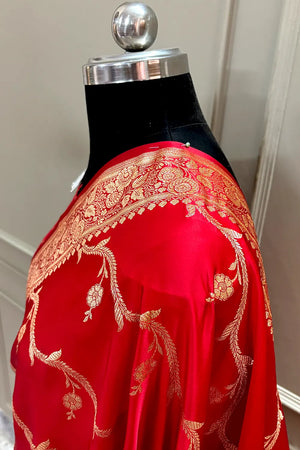 Red Rowa Laher Katan Silk Banarasi Saree