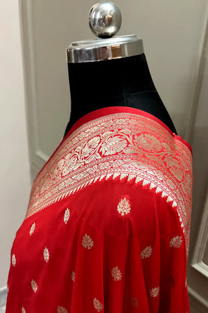 Red Rudraksha Buti Katan Silk Banarasi Saree