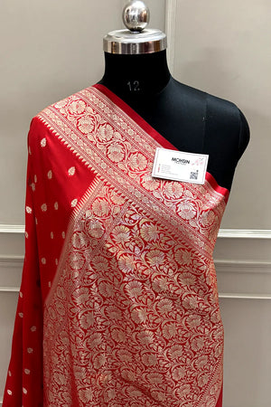Red Rudraksha Buti Katan Silk Banarasi Saree