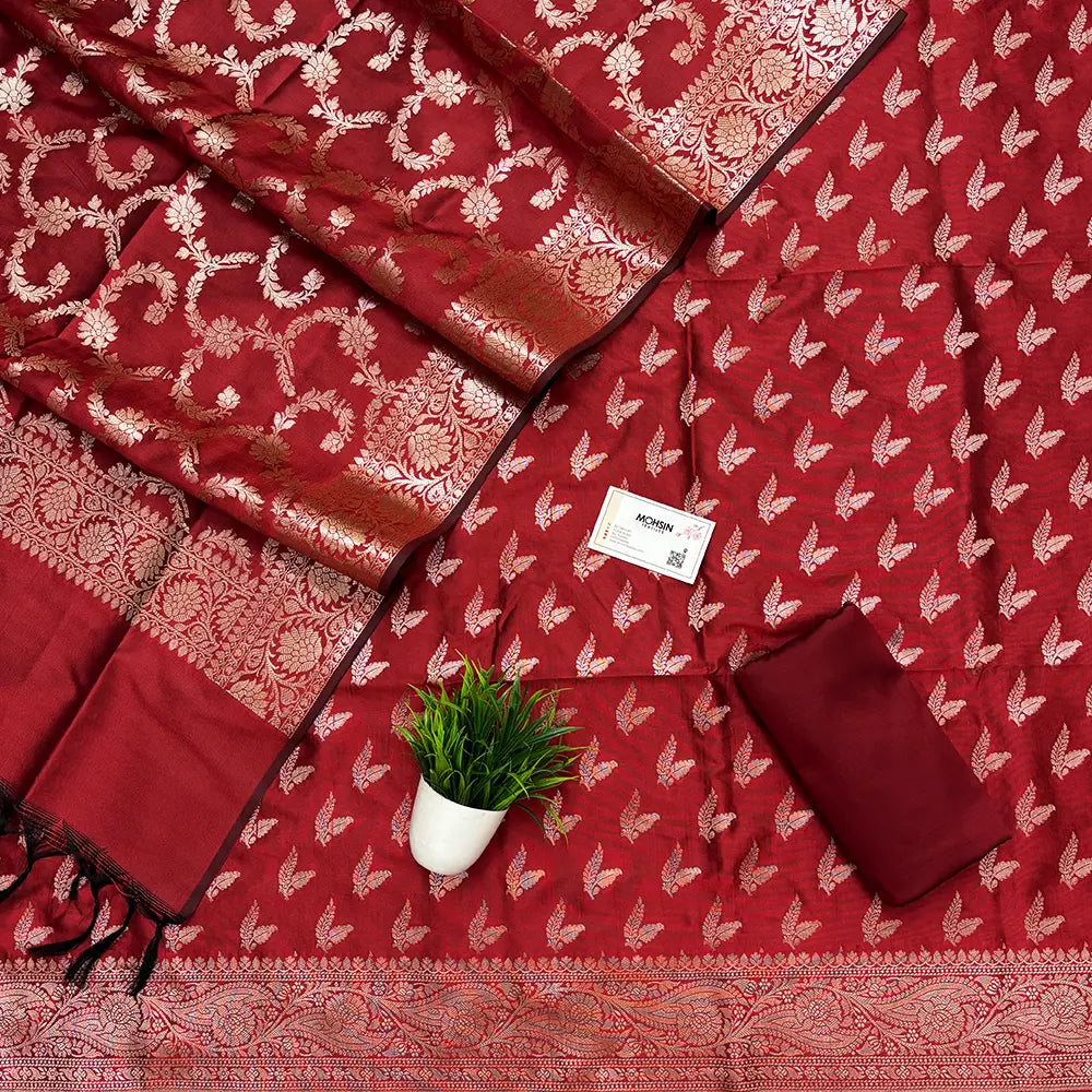 Red Semi Katan Silk Banarasi Suit