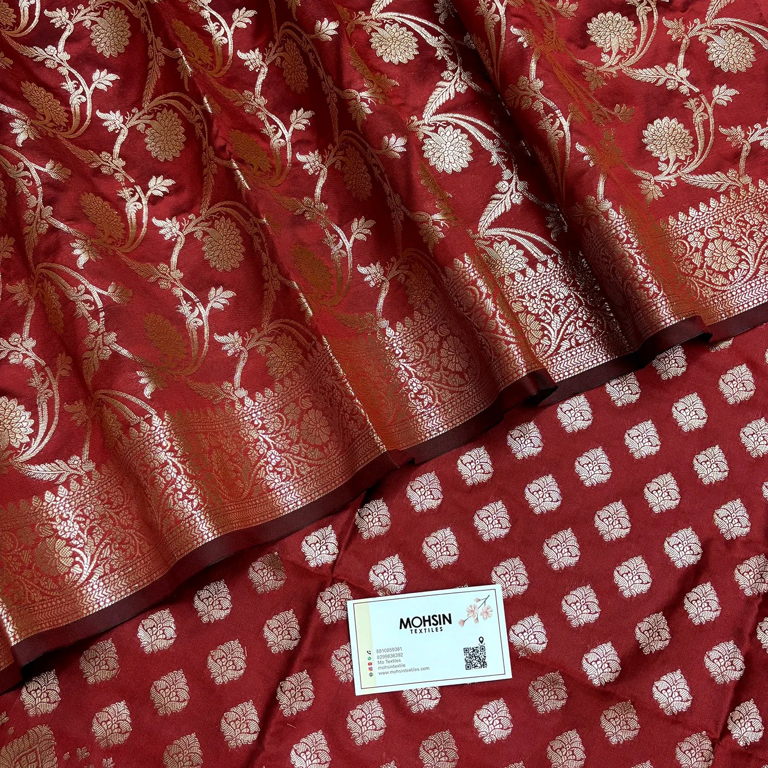 Red Singhasan Buti Semi Katan Silk Banarasi Suit