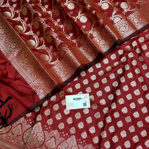 Red Singhasan Buti Semi Katan Silk Banarasi Suit