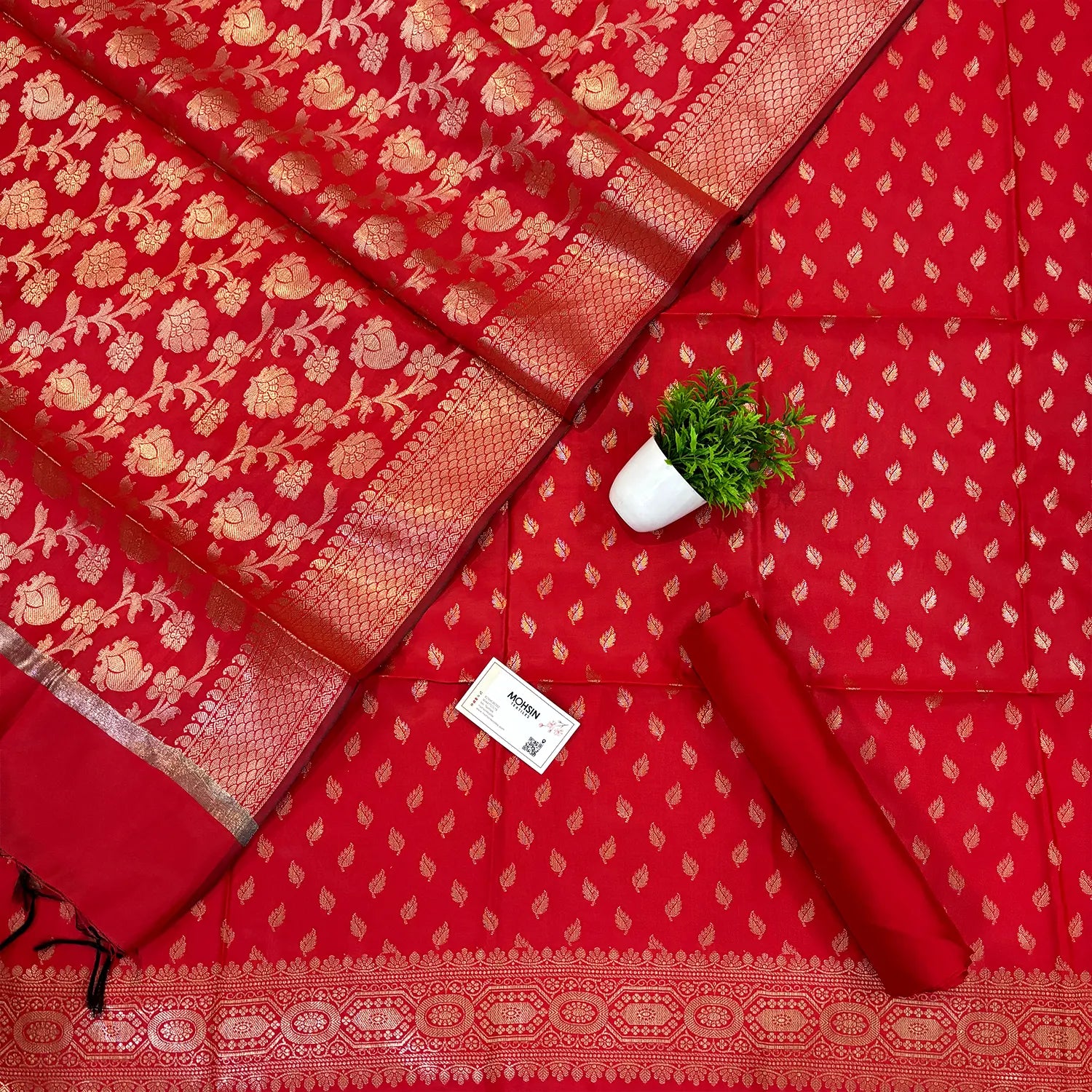 Red Sunehri Pankh Satin Silk Banarasi Suit