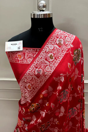 Red Zari Tussar Georgette Silk Banarasi Saree